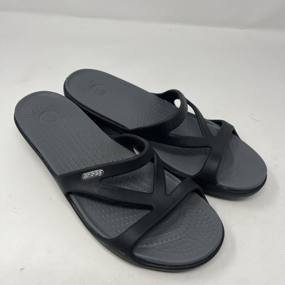 Crocs Hilga Black Gray Slip On Slides Womens Size 10 Wedge Summer Sandal Beach - Picture 1 of 15